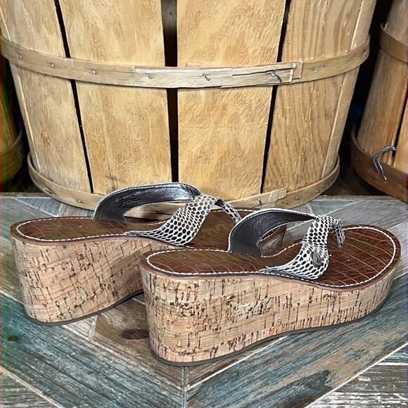 Sam Edelman Romy Metallic Snakeskin Leather Cork Wedge Thong Sandal Women Size 8 - Picture 5 of 11